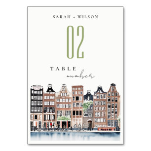 Amsterdam Dutch Canal Watercolor Landscape Wedding Table Number