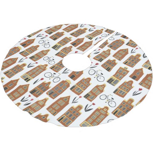 Amsterdam Dutch Houses Pattern on White Brushed Polyester Tree Skirt