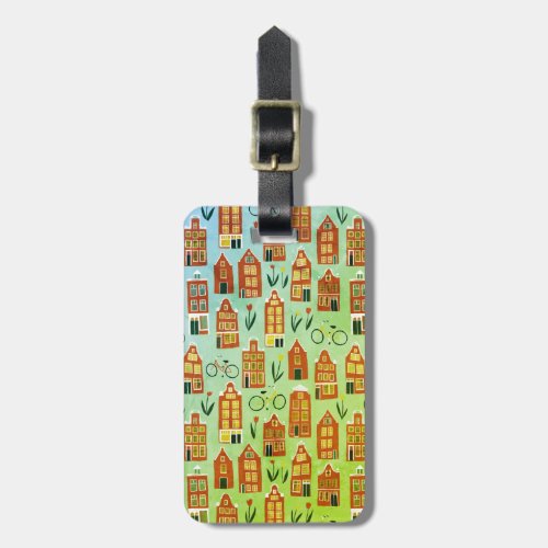 Amsterdam Dutch Houses Tulips Bikes Pattern Lime Luggage Tag