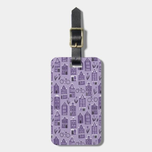 Amsterdam Dutch Houses Tulips Bikes Pattern Purple Luggage Tag