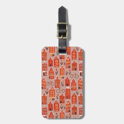 Amsterdam Dutch Houses Tulips Bikes Pattern Red Luggage Tag