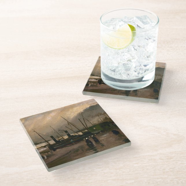 Amsterdam Fishermen's Harbor Storm by Vincent Gogh Glass Coaster (Angled)