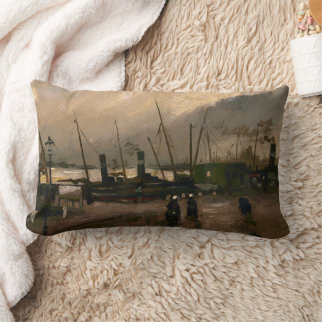 Amsterdam Fishermen's Harbor Storm by Vincent Gogh Lumbar Pillow (Blanket)