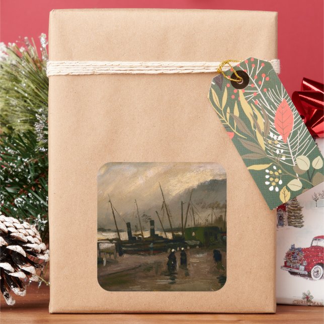 Amsterdam Fishermen's Harbor Storm by Vincent Gogh Square Sticker (Holiday)