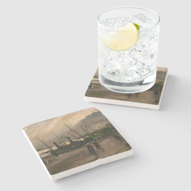 Amsterdam Fishermen's Harbor Storm by Vincent Gogh Stone Coaster (Side)