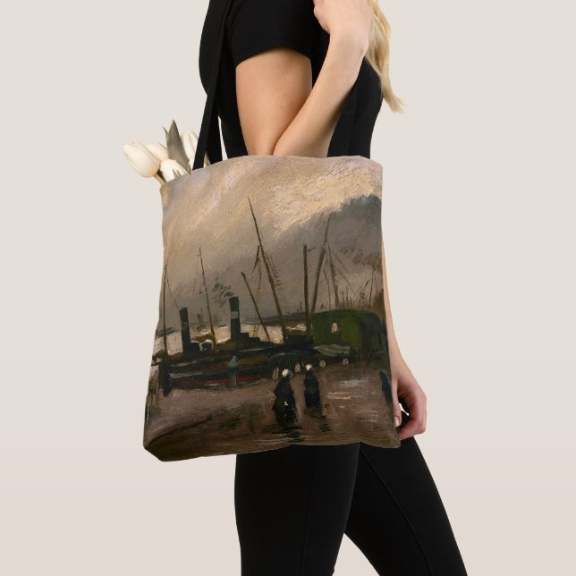 Amsterdam Fishermen's Harbor Storm by Vincent Gogh Tote Bag (Close Up)