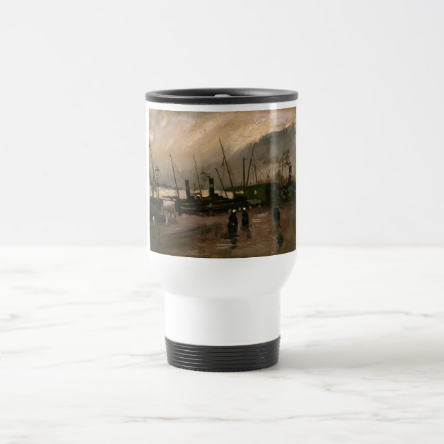 Amsterdam Fishermen's Harbor Storm by Vincent Gogh Travel Mug (Center)