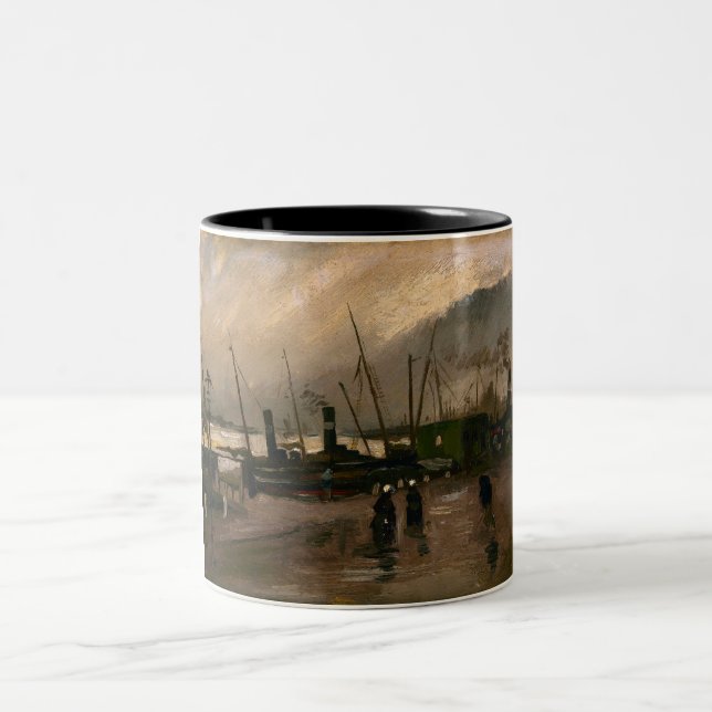 Amsterdam Fishermen's Harbor Storm by Vincent Gogh Two-Tone Coffee Mug (Center)