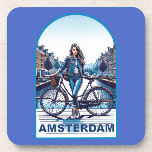 Amsterdam girl with bicycle on bridge beverage coaster