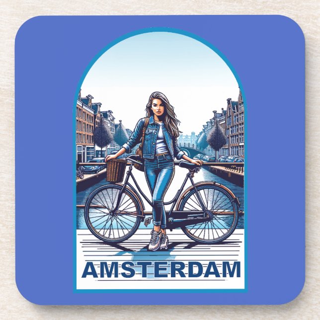 Amsterdam girl with bicycle on bridge beverage coaster (Front)