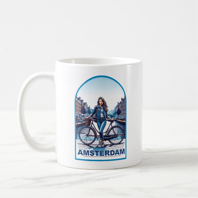 Amsterdam girl with bicycle on bridge coffee mug (Left)