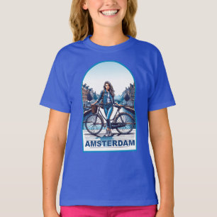Amsterdam girl with bicycle on bridge T-Shirt