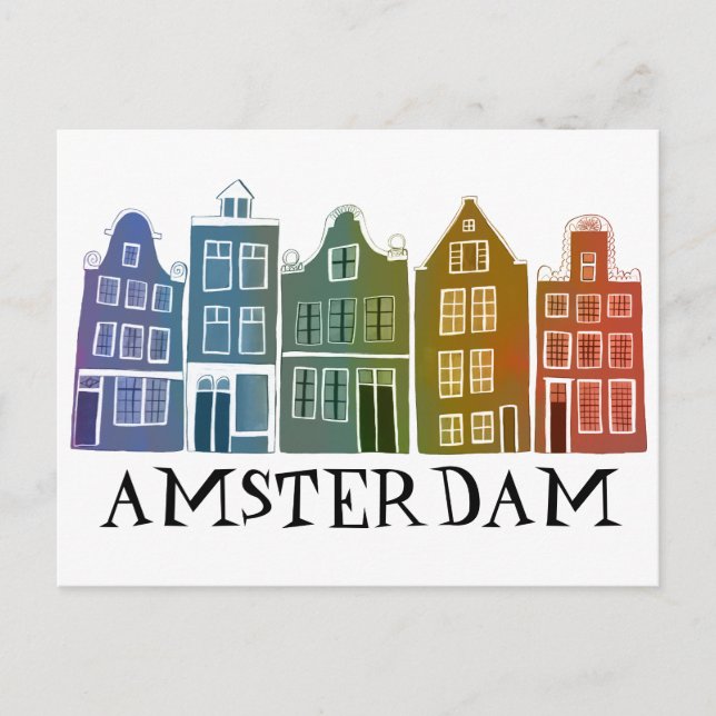 Amsterdam Holland Canal Houses Travel Colorful Postcard (Front)