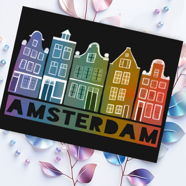 Amsterdam Holland Canal Houses Travel Colorful Postcard (Colorful Amsterdam canal houses on black background. Customize with your own text)