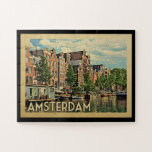Amsterdam Holland Vintage Travel Jigsaw Puzzle<br><div class="desc">Amsterdam Holland design in Vintage Travel style featuring a tranquil Dutch canal.</div>