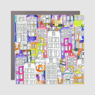 Amsterdam Houses: Watercolor Seamless Pattern Car Magnet