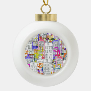 Amsterdam Houses: Watercolor Seamless Pattern Ceramic Ball Christmas Ornament