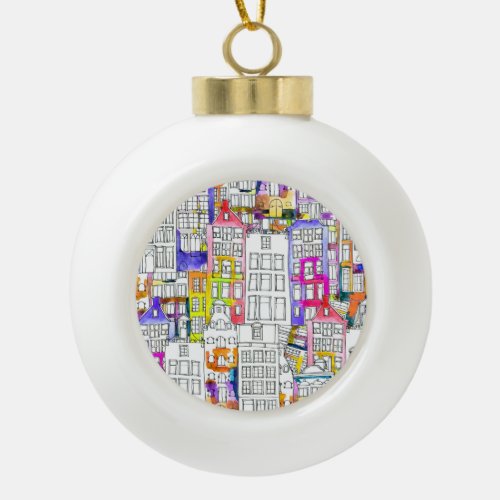 Amsterdam Houses Watercolor Seamless Pattern Ceramic Ball Christmas Ornament