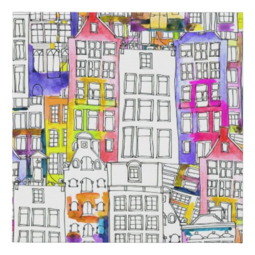 Amsterdam Houses Watercolor Seamless Pattern Faux Canvas Print