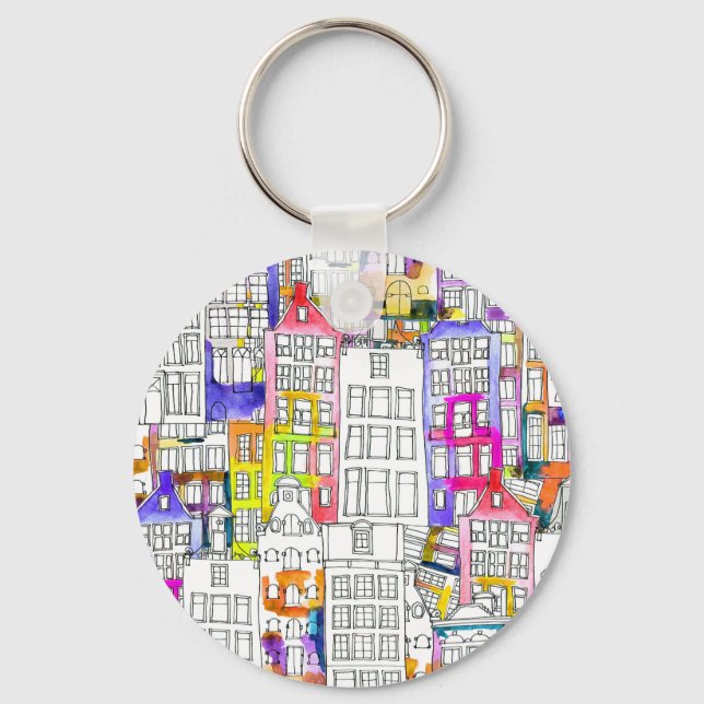 Amsterdam Houses: Watercolor Seamless Pattern Keychain (Front)