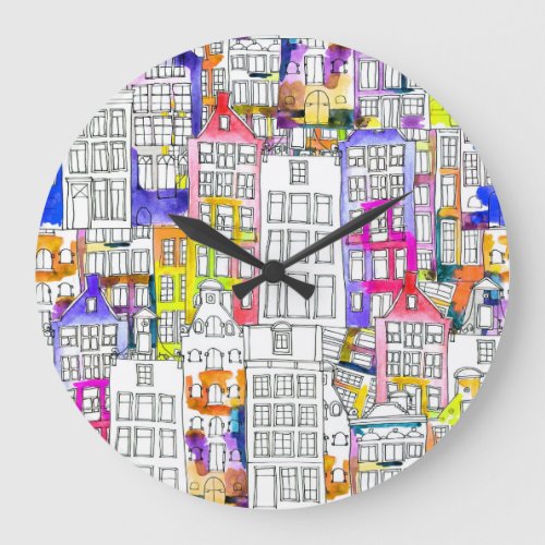 Amsterdam Houses Watercolor Seamless Pattern Large Clock