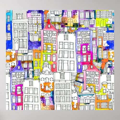 Amsterdam Houses Watercolor Seamless Pattern Poster