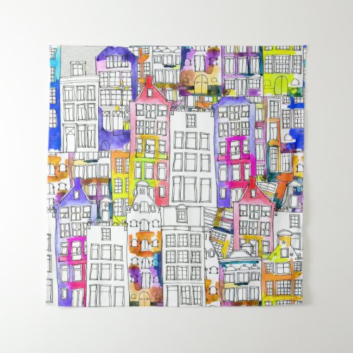 Amsterdam Houses Watercolor Seamless Pattern Tapestry
