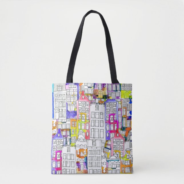 Amsterdam Houses: Watercolor Seamless Pattern Tote Bag (Front)
