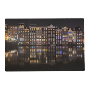 Amsterdam houses with colorful lights in the night placemat