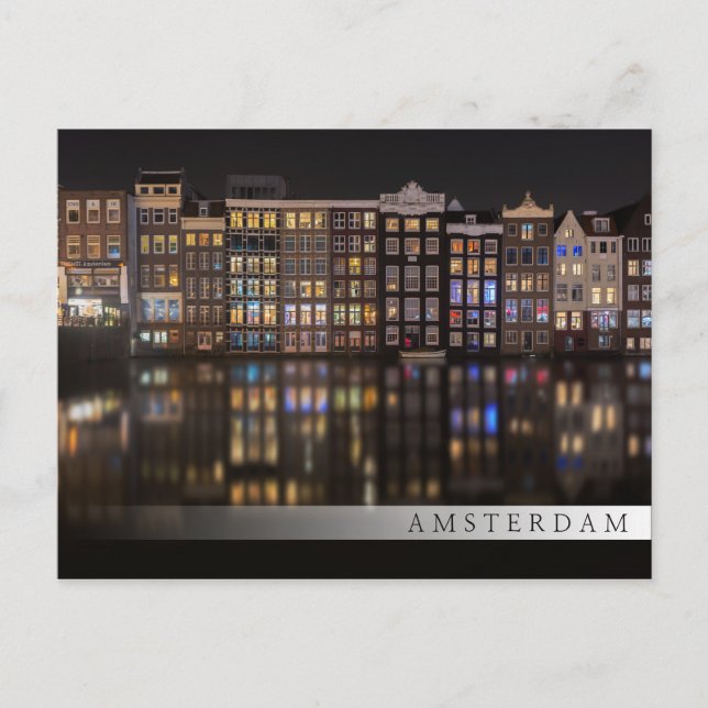 Amsterdam houses with colorful lights in the night postcard (Front)