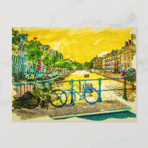 AMSTERDAM, I Love Netherlands Watercolor Canals Postcard