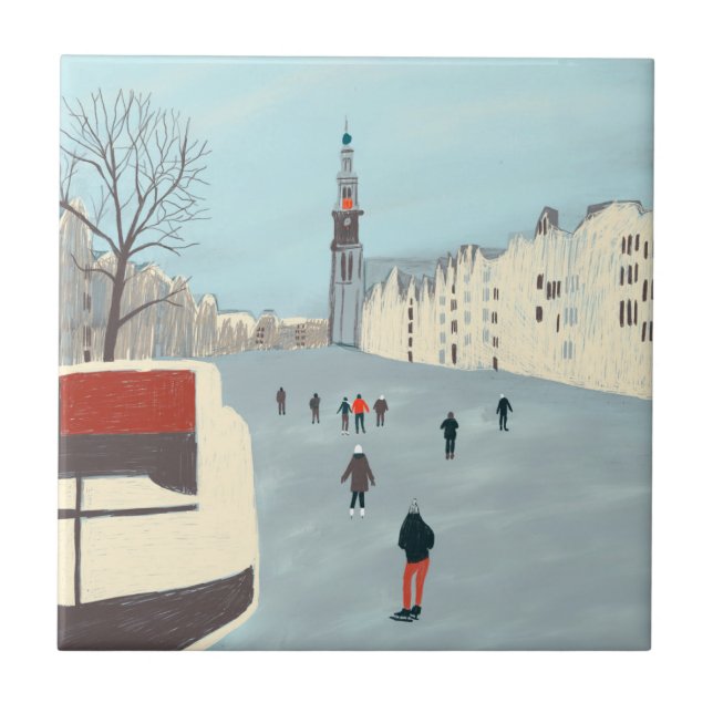 Amsterdam ice skating in winter ceramic tile (Front)
