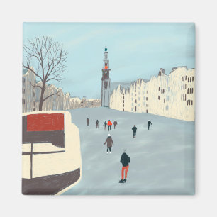 Amsterdam ice skating on the canals in winter magnet