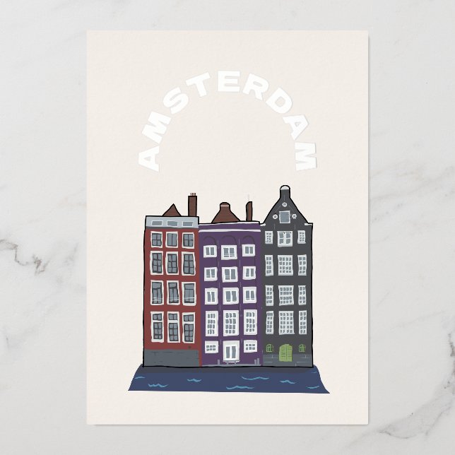 Amsterdam Iconic Architecture Art Illustration Foil Holiday Card (Front)