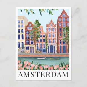 Amsterdam Lakeside Town View Travel Illustration Postcard