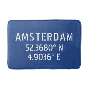 Amsterdam Latitude Longitude Blue Bath Mat