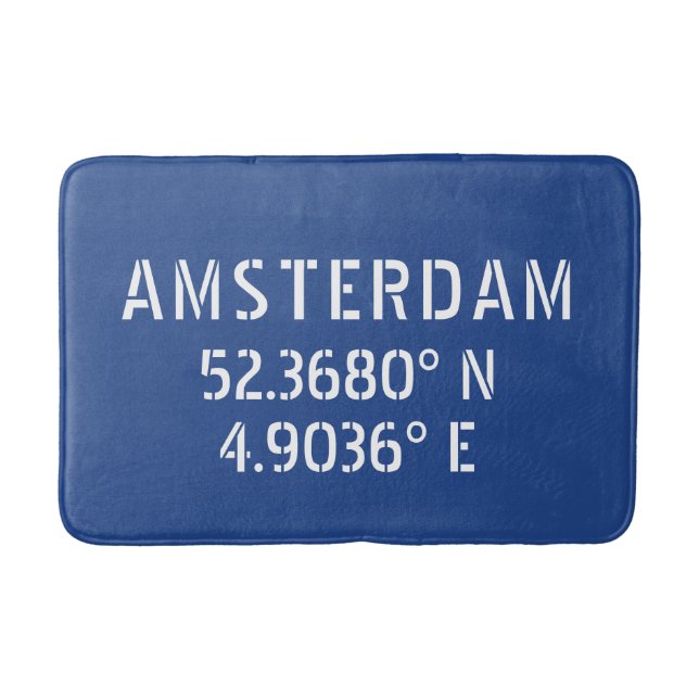 Amsterdam Latitude Longitude Blue Bath Mat (Front)