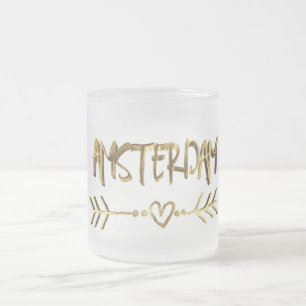 Amsterdam Love Dutch Gold Typography Elegant Frosted Glass Coffee Mug