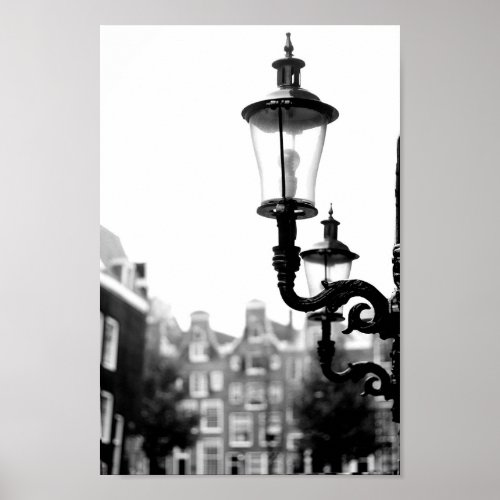 Amsterdam Moody Street Lamps Black  White Photo Poster