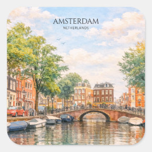 Amsterdam Netherlands Canal Colorful City   Travel Square Sticker