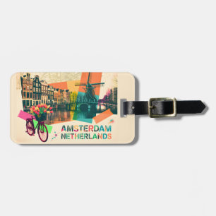 Amsterdam Netherlands Canal Vintage Pop Art Travel Luggage Tag