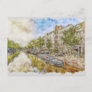 Amsterdam, Netherlands canal watercolour postcard