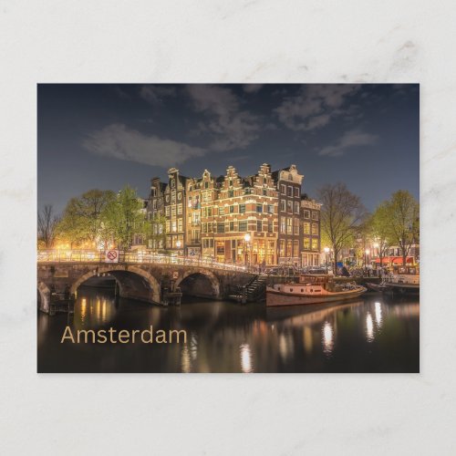 Amsterdam Netherlands City Bridge Night View Postcard