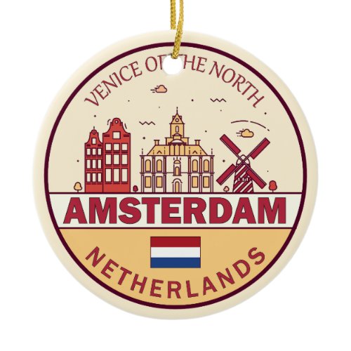 Amsterdam Netherlands City Skyline Emblem Ceramic Ornament
