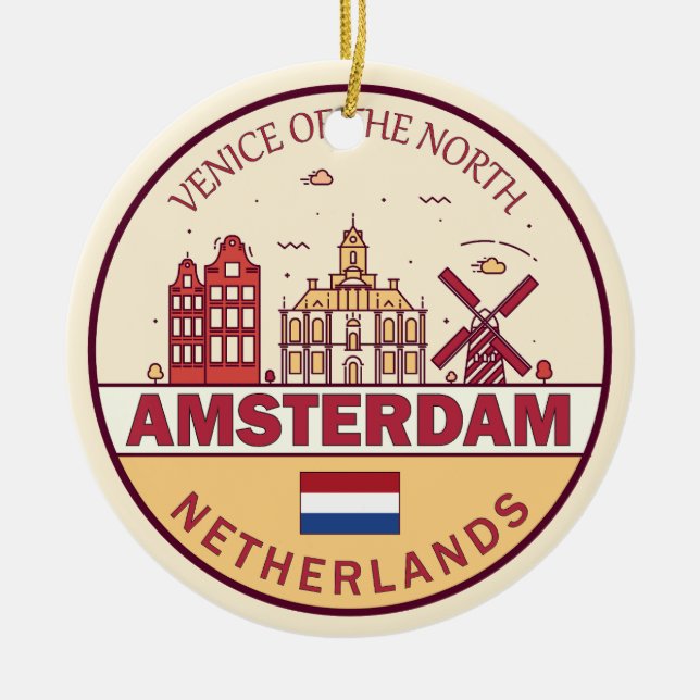 Amsterdam Netherlands City Skyline Emblem Ceramic Ornament (Front)