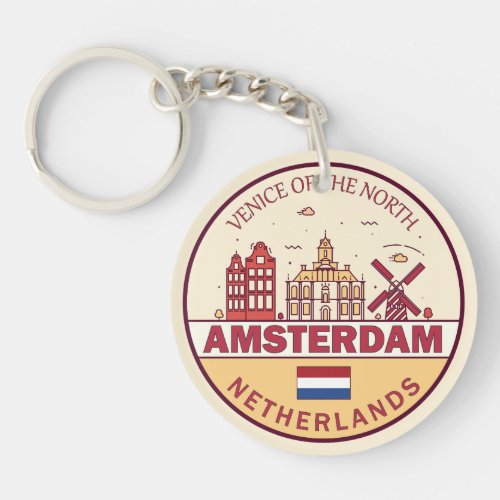 Amsterdam Netherlands City Skyline Emblem Keychain