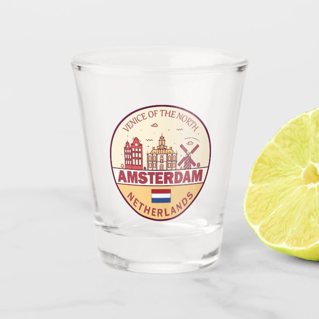 Amsterdam Netherlands City Skyline Emblem Shot Glass (Front)