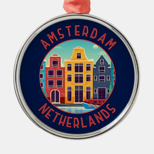 Amsterdam Netherlands Colorful Houses Distressed Metal Ornament