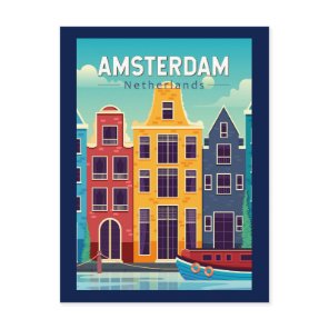 Amsterdam Netherlands Colorful Houses Travel Retro Postcard