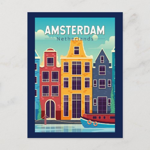 Amsterdam Netherlands Colorful Houses Travel Retro Postcard